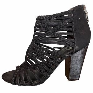 G BY GUESS Strappy Black Heels Formal Braided Faux Suede Silver Hardware…